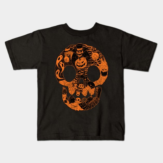 Spooky Skull Orange Kids T-Shirt by chrisraimoart